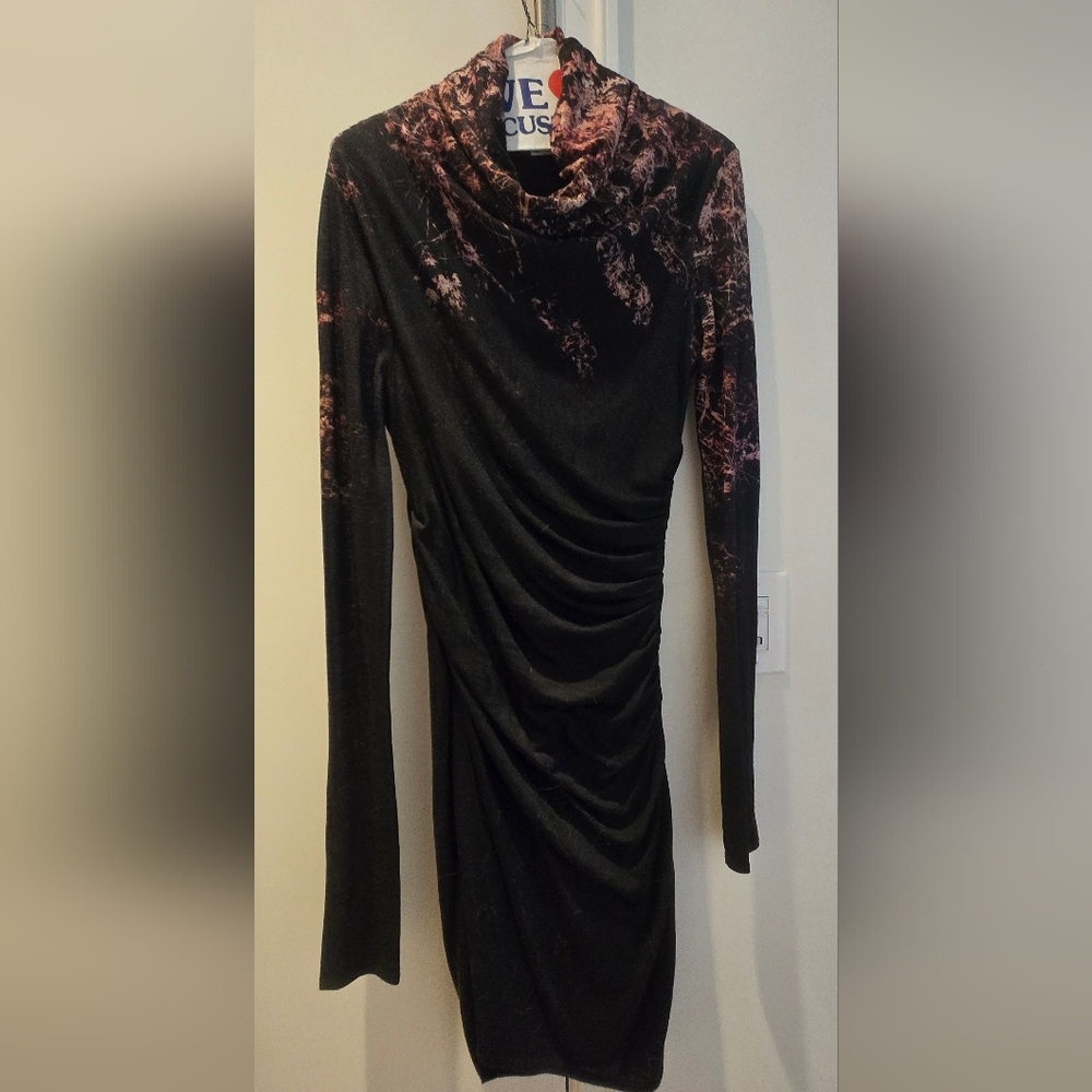 Helmut Lang Black Wool Bodycon Ruched Long Sleeve Dress with Graphic Print, Sz M